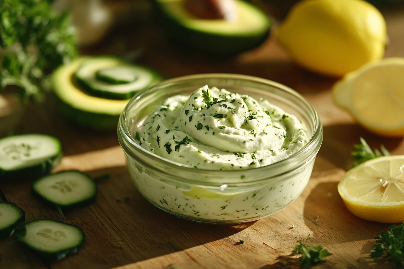 Whipped avocado cream cheese spread in a glass bowl