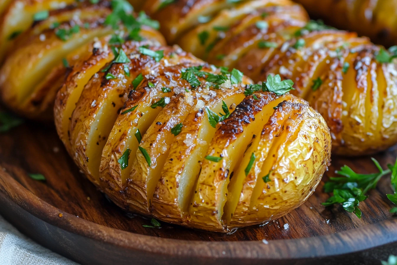 Garlic butter Hasselback potatoes with crispy edges and fresh parsley.