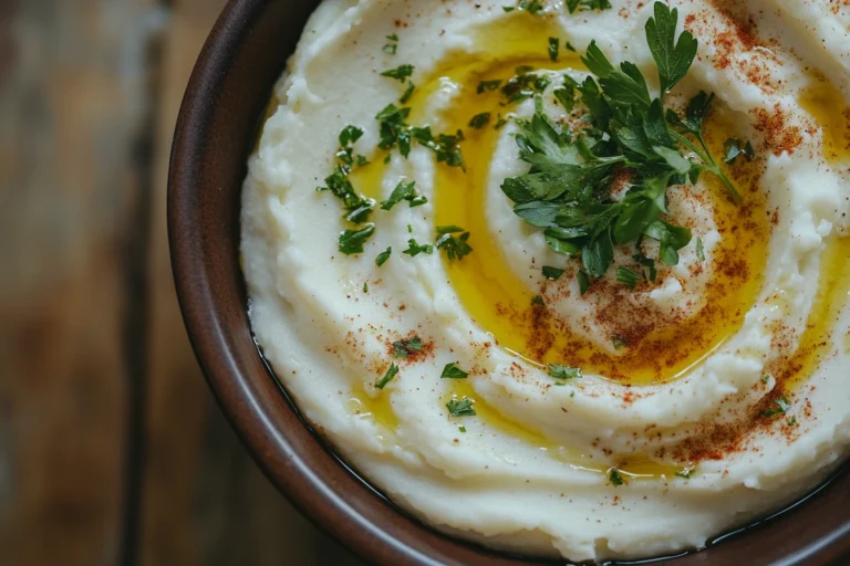 A bowl of creamy olive oil mashed potatoes garnished with fresh parsley and a drizzle of golden olive oil, served in a rustic ceramic dish.