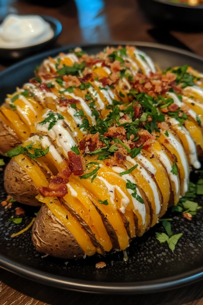 Loaded garlic butter Hasselback potatoes with toppings.
