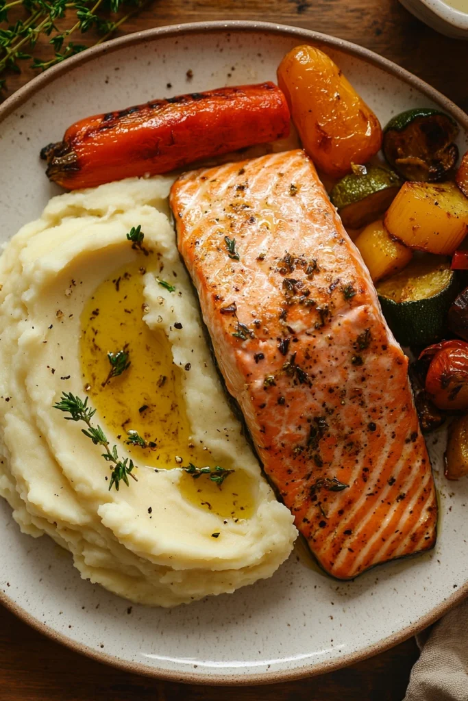 Mashed potatoes served with salmon and veggies