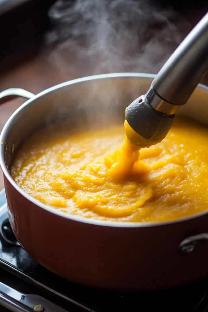 Blending homemade pumpkin soup to a creamy texture.