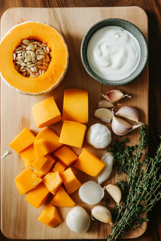 Fresh ingredients for pumpkin soup with garlic bread.