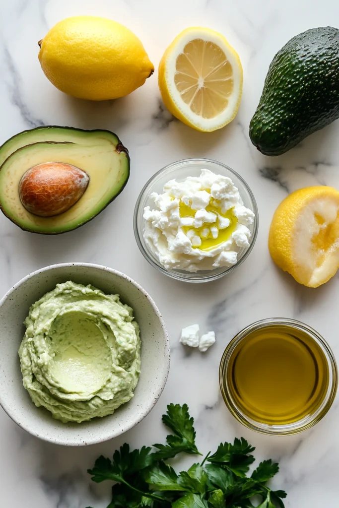 Ingredients for whipped avocado cream cheese spread