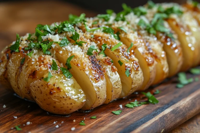 Golden-brown Hasselback potatoes drizzled with garlic butter, garnished with fresh parsley, and sprinkled with Parmesan cheese, served on a rustic wooden board.