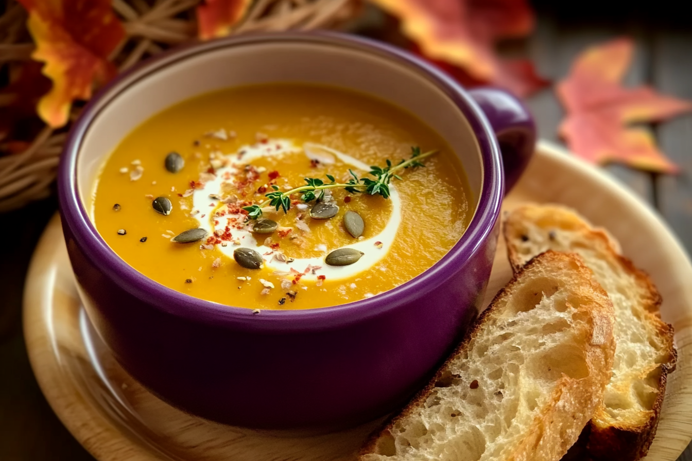 Creamy pumpkin soup with garlic bread served in a cozy setting.