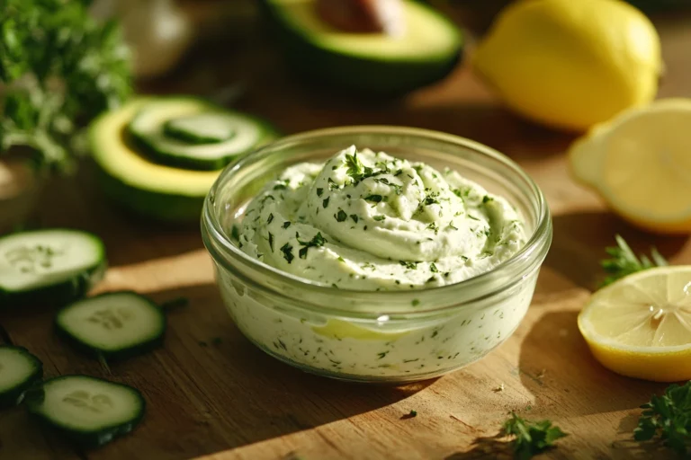 Whipped avocado and cream cheese spread garnished with herbs in a white bowl, served with toast and fresh vegetables.